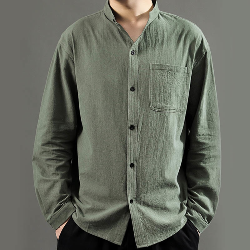 Buddha Stones Men's Long Sleeve Shirt With Pocket Stand Collar Comfort Linen Shirt - image 2