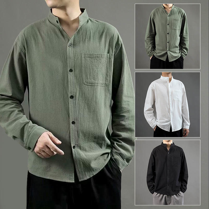 Buddha Stones Men's Long Sleeve Shirt With Pocket Stand Collar Comfort Linen Shirt - image 9