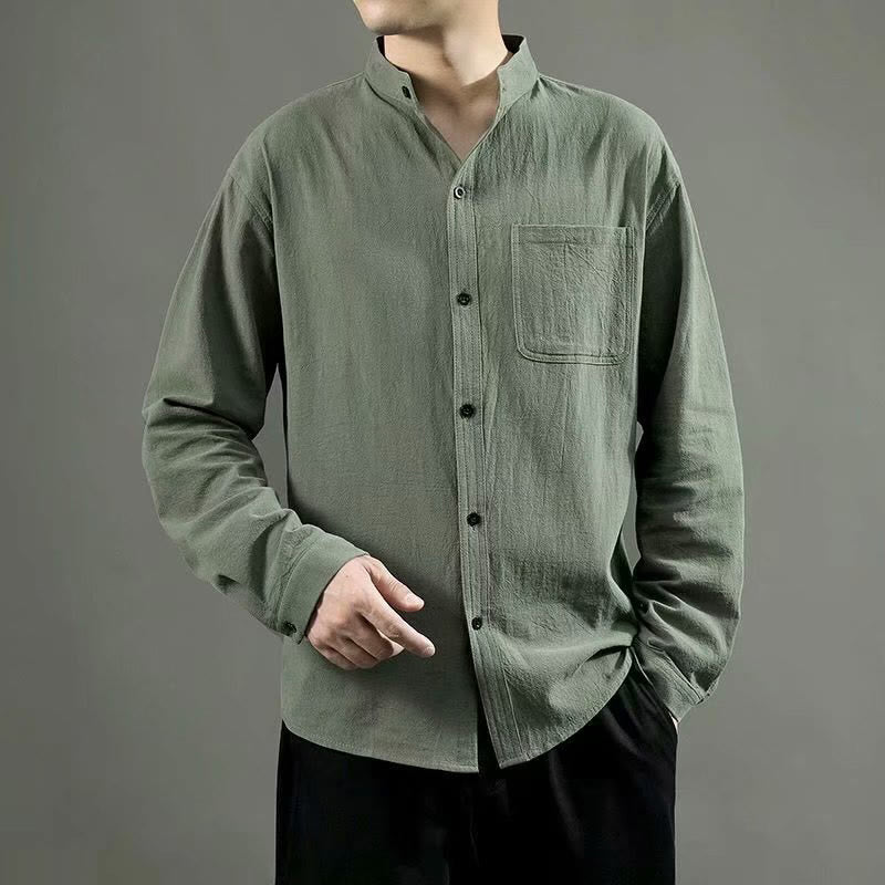 Buddha Stones Men's Long Sleeve Shirt With Pocket Stand Collar Comfort Linen Shirt - OliveDrab - US/UK/AU46，EU56 (5XL) - image 1