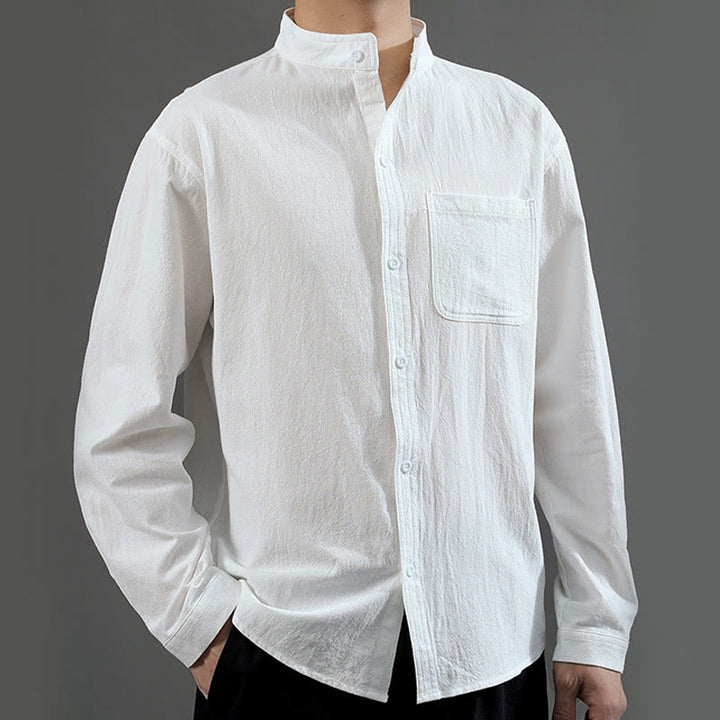 Buddha Stones Men's Long Sleeve Shirt With Pocket Stand Collar Comfort Linen Shirt - image 12