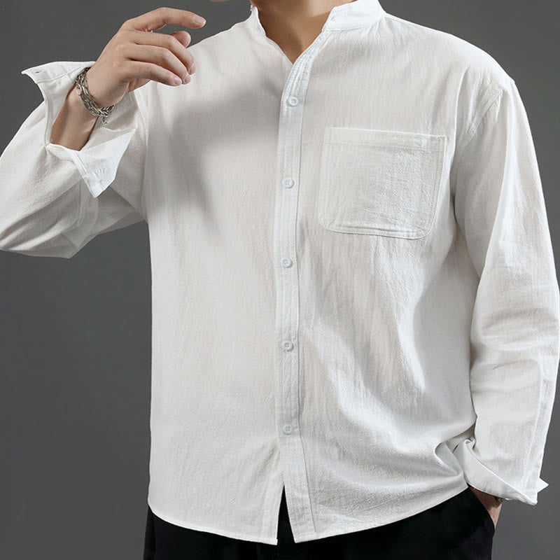 Buddha Stones Men's Long Sleeve Shirt With Pocket Stand Collar Comfort Linen Shirt - image 11