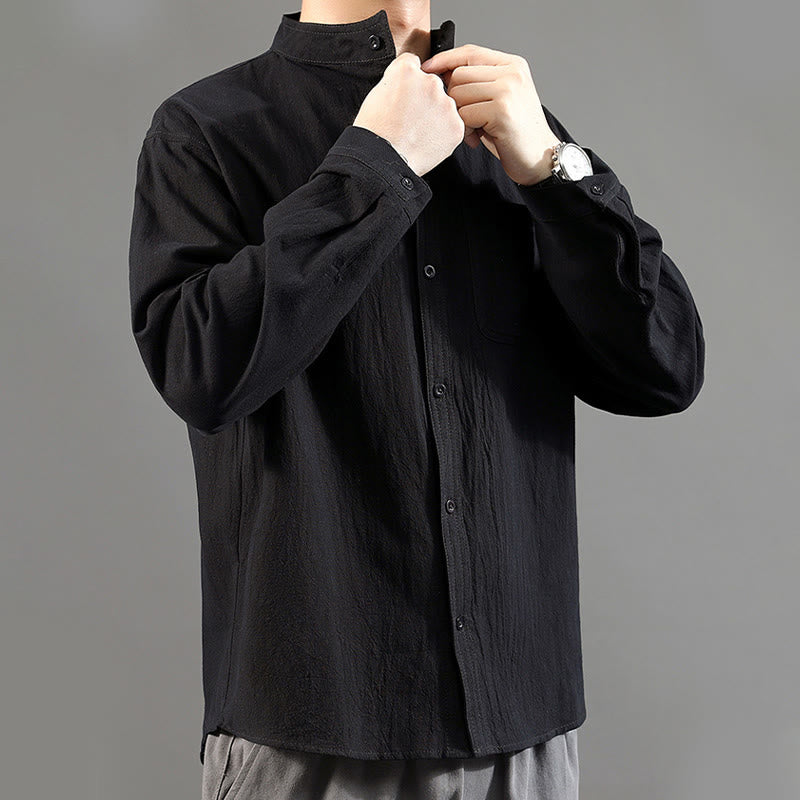 Buddha Stones Men's Long Sleeve Shirt With Pocket Stand Collar Comfort Linen Shirt - image 22