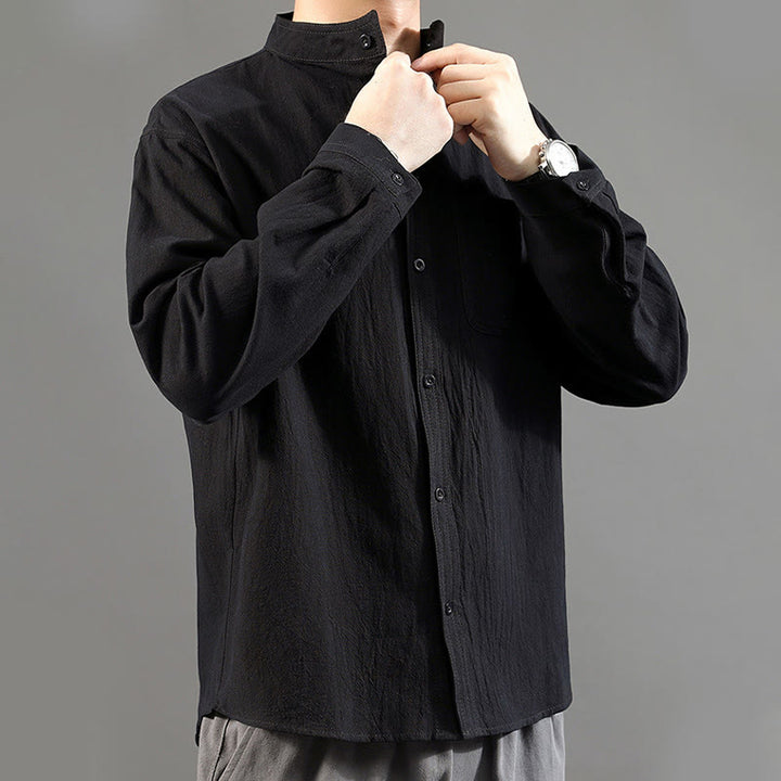 Buddha Stones Men's Long Sleeve Shirt With Pocket Stand Collar Comfort Linen Shirt - image 22
