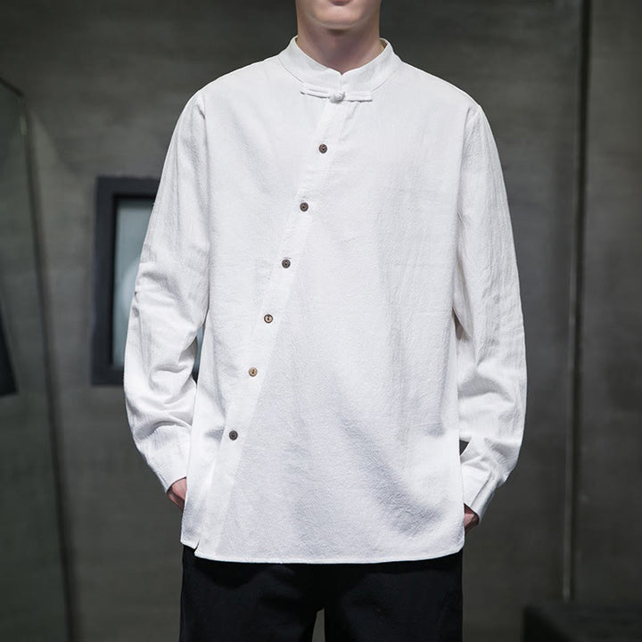 Buddha Stones Men's Long Sleeve Shirt Stand Collar Comfort Cotton Linen Shirt - White - US/UK/AU46，EU56 (5XL) - image 0
