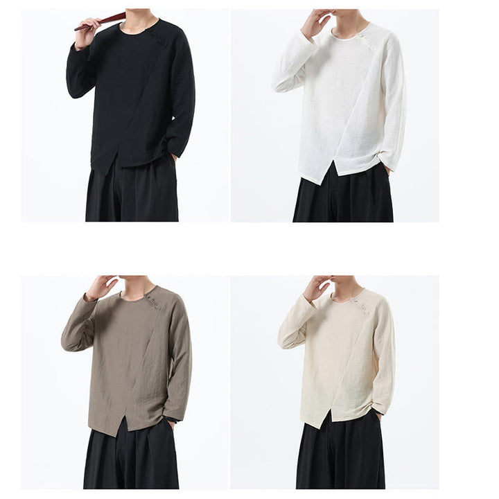 Buddha Stones Men's Long Sleeve Round Collar Comfort Cotton Linen Shirt - image 35