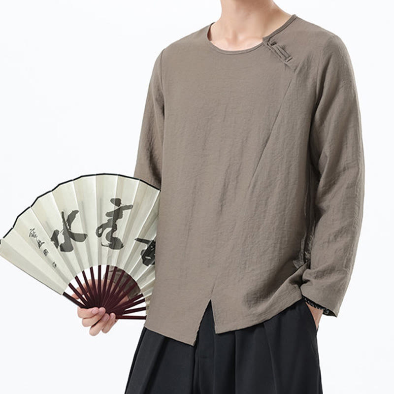 Buddha Stones Men's Long Sleeve Round Collar Comfort Cotton Linen Shirt - image 6