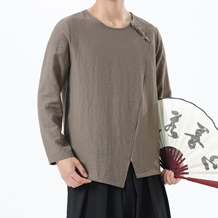 Buddha Stones Men's Long Sleeve Round Collar Comfort Cotton Linen Shirt - image 1