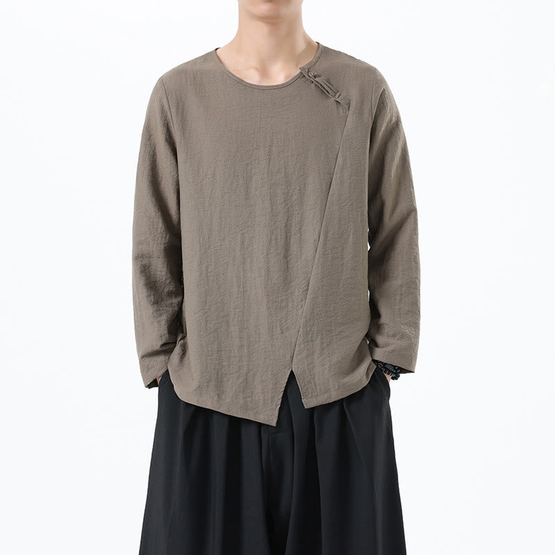 Buddha Stones Men's Long Sleeve Round Collar Comfort Cotton Linen Shirt - Tan - US/UK/AU46，EU56 (5XL) - image 1