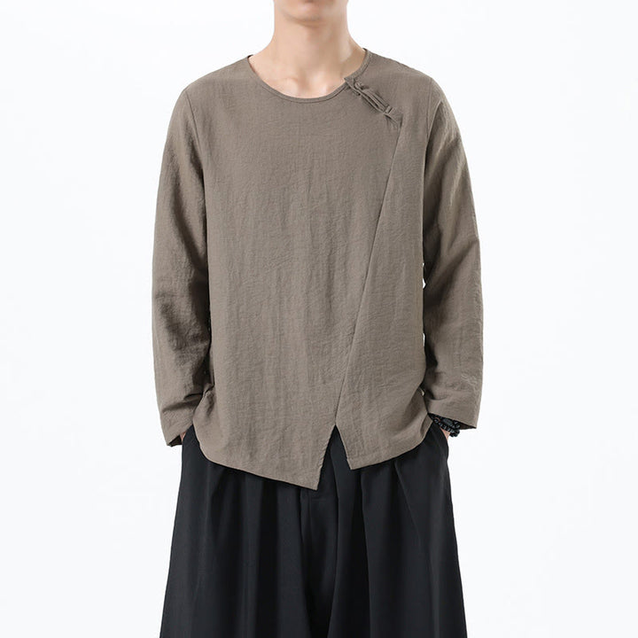 Buddha Stones Men's Long Sleeve Round Collar Comfort Cotton Linen Shirt - Tan - US/UK/AU46，EU56 (5XL) - image 1