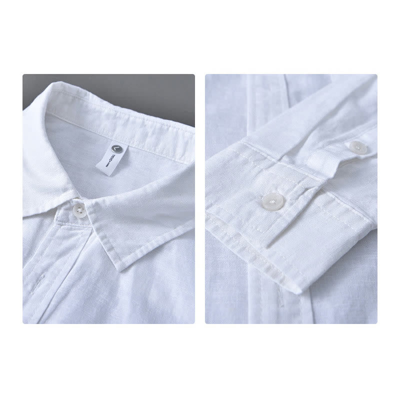 Buddha Stones Men's Long Sleeve Turn-down Collar With Pocket Pure Color Comfortable Cotton Shirt - image 16