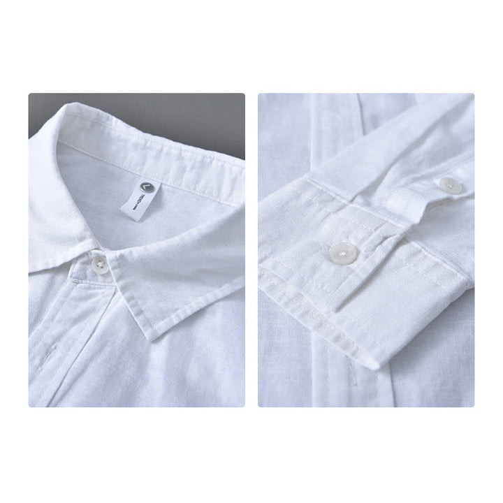 Buddha Stones Men's Long Sleeve Turn-down Collar With Pocket Pure Color Comfortable Cotton Shirt - image 16