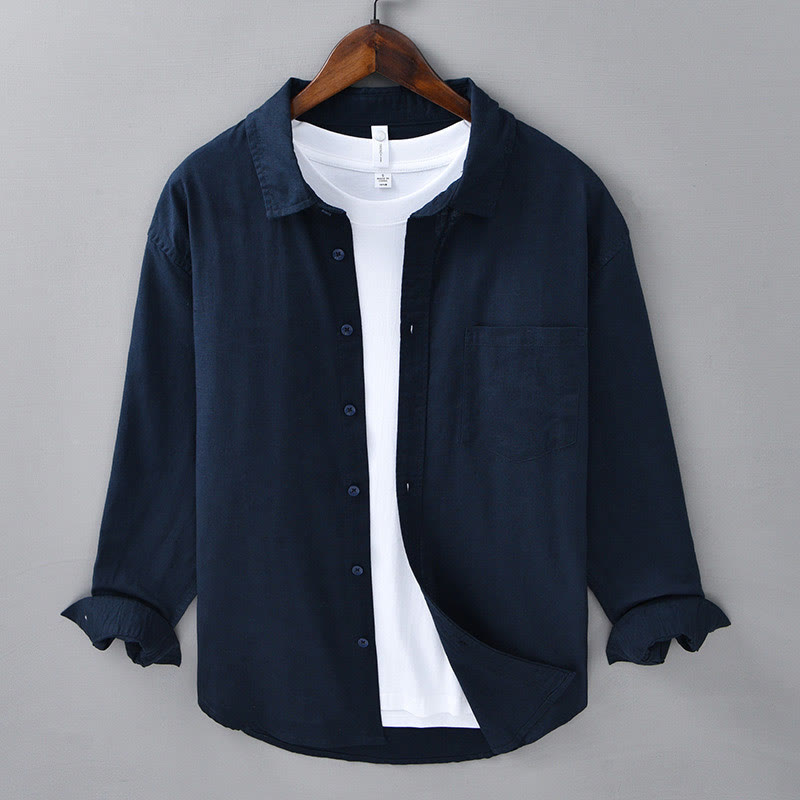 Buddha Stones Men's Long Sleeve Turn-down Collar With Pocket Pure Color Comfortable Cotton Shirt - MidnightBlue - US/UK/AU42，EU52 (3XL) - image 36