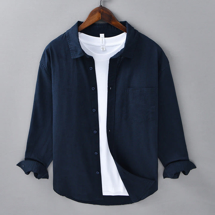 Buddha Stones Men's Long Sleeve Turn-down Collar With Pocket Pure Color Comfortable Cotton Shirt - MidnightBlue - US/UK/AU42，EU52 (3XL) - image 36