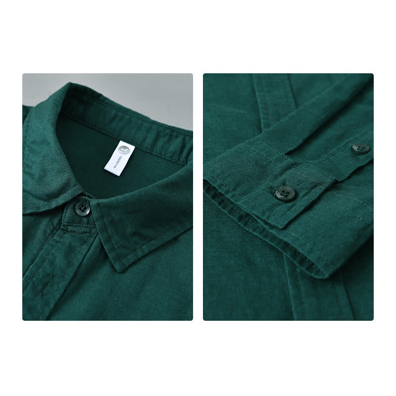 Buddha Stones Men's Long Sleeve Turn-down Collar With Pocket Pure Color Comfortable Cotton Shirt - image 28