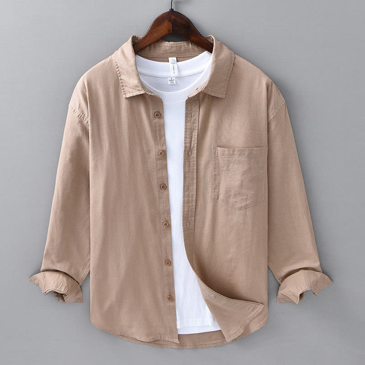 Buddha Stones Men's Long Sleeve Turn-down Collar With Pocket Pure Color Comfortable Cotton Shirt - BurlyWood - US/UK/AU42，EU52 (3XL) - image 21