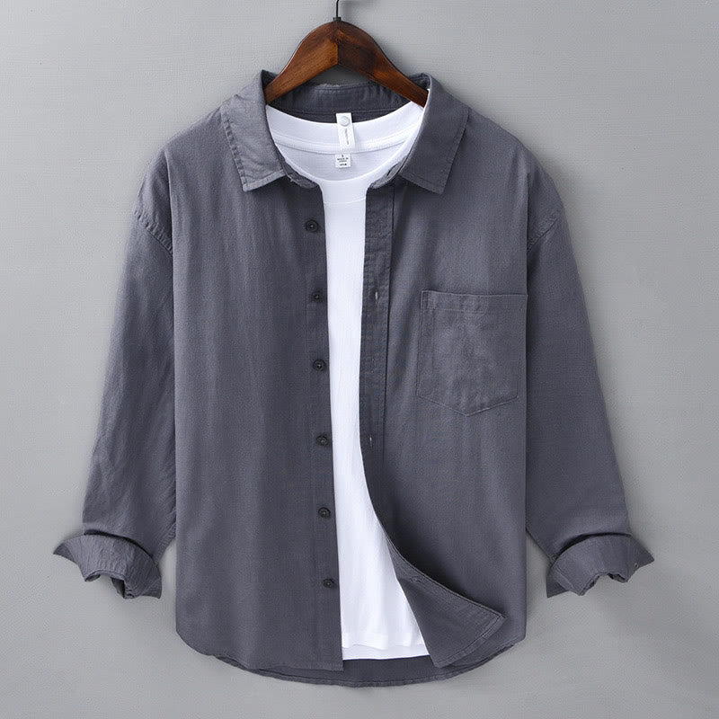 Buddha Stones Men's Long Sleeve Turn-down Collar With Pocket Pure Color Comfortable Cotton Shirt - DimGray - US/UK/AU42，EU52 (3XL) - image 29