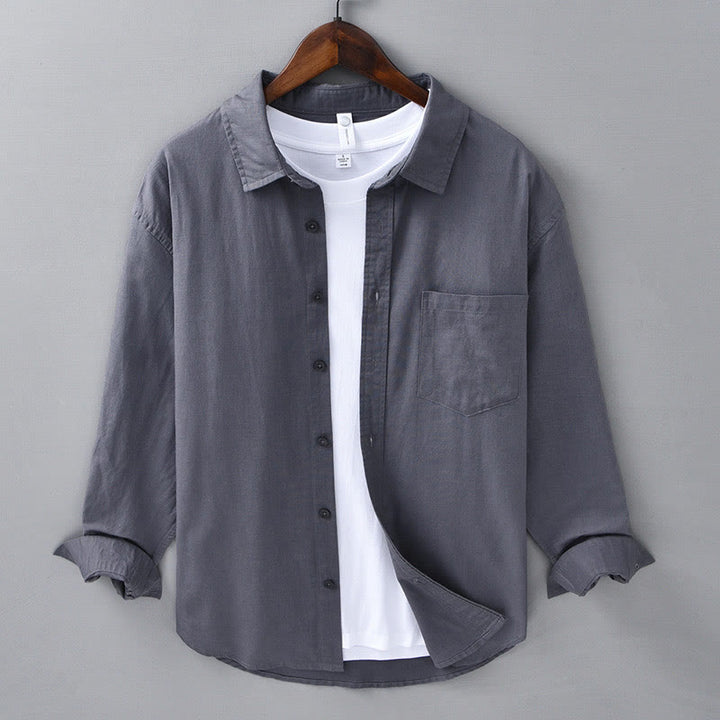 Buddha Stones Men's Long Sleeve Turn-down Collar With Pocket Pure Color Comfortable Cotton Shirt - DimGray - US/UK/AU42，EU52 (3XL) - image 29