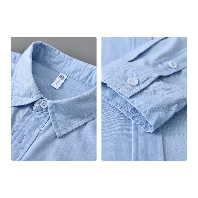 Buddha Stones Men's Long Sleeve Turn-down Collar With Pocket Pure Color Comfortable Cotton Shirt - image 20