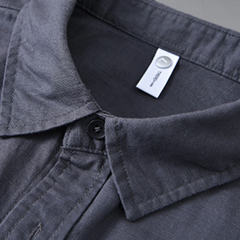 Buddha Stones Men's Long Sleeve Turn-down Collar With Pocket Pure Color Comfortable Cotton Shirt - image 30
