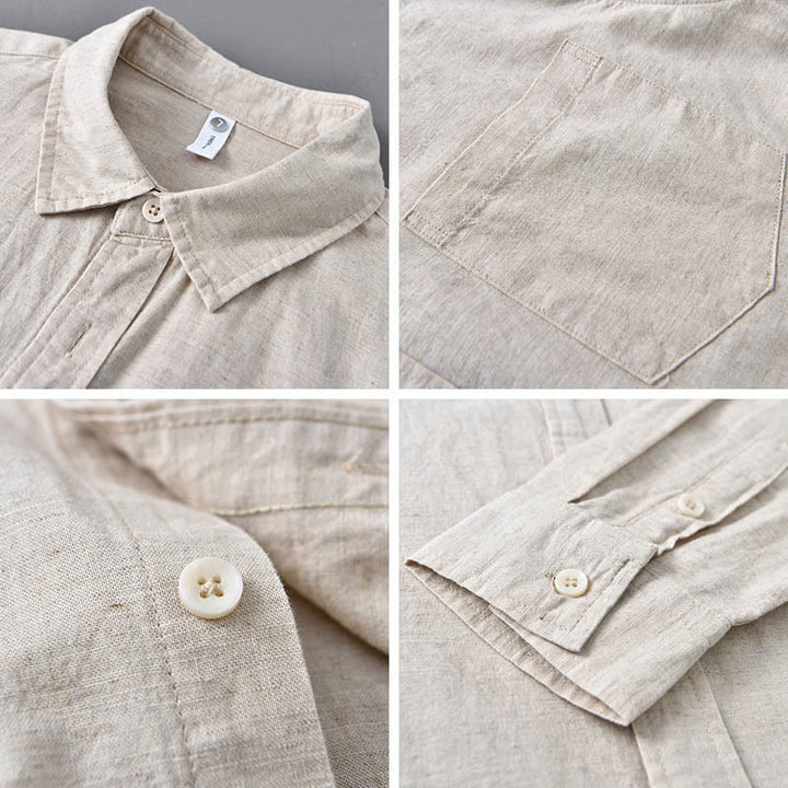 Buddha Stones Men's Long Sleeve Turn-down Collar With Pocket Pure Color Comfortable Cotton Shirt - image 4