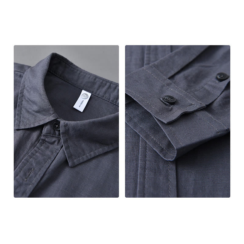 Buddha Stones Men's Long Sleeve Turn-down Collar With Pocket Pure Color Comfortable Cotton Shirt - image 32