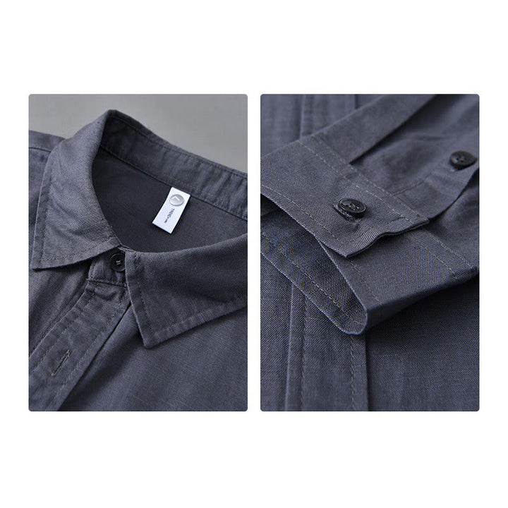 Buddha Stones Men's Long Sleeve Turn-down Collar With Pocket Pure Color Comfortable Cotton Shirt - image 32