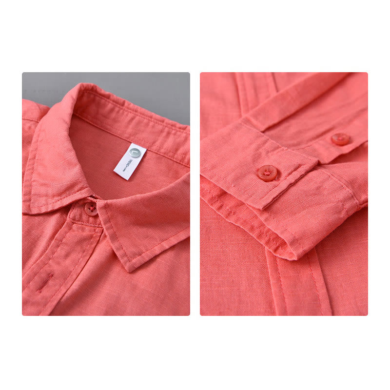 Buddha Stones Men's Long Sleeve Turn-down Collar With Pocket Pure Color Comfortable Cotton Shirt - image 36