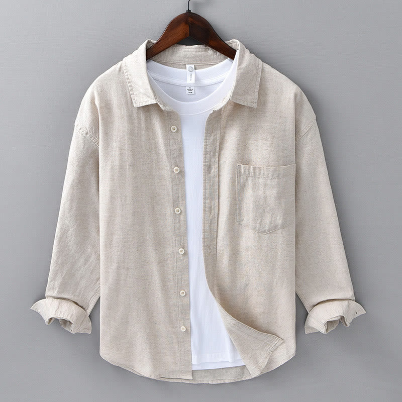 Buddha Stones Men's Long Sleeve Turn-down Collar With Pocket Pure Color Comfortable Cotton Shirt - PapayaWhip - US/UK/AU42，EU52 (3XL) - image 1