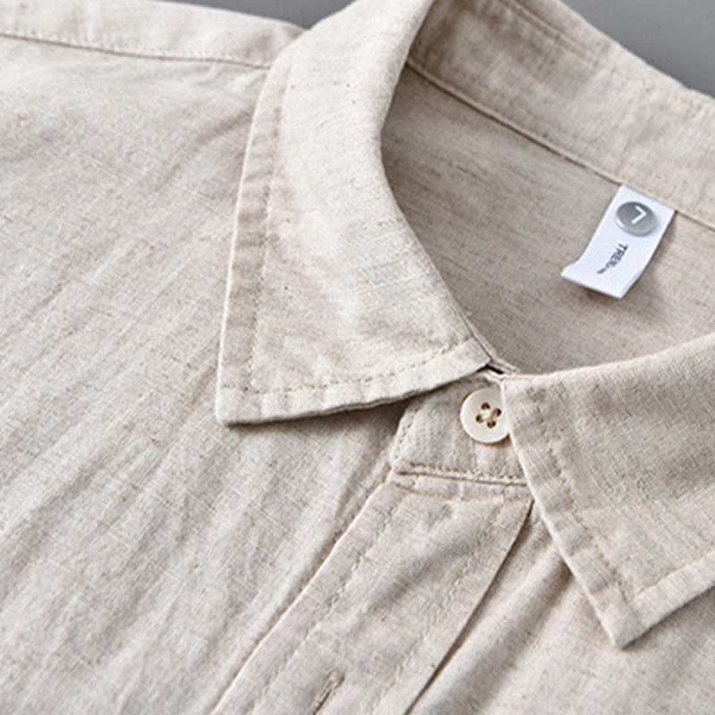 Buddha Stones Men's Long Sleeve Turn-down Collar With Pocket Pure Color Comfortable Cotton Shirt - image 5
