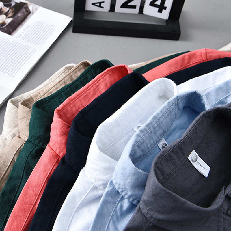 Buddha Stones Men's Long Sleeve Turn-down Collar With Pocket Pure Color Comfortable Cotton Shirt - image 2