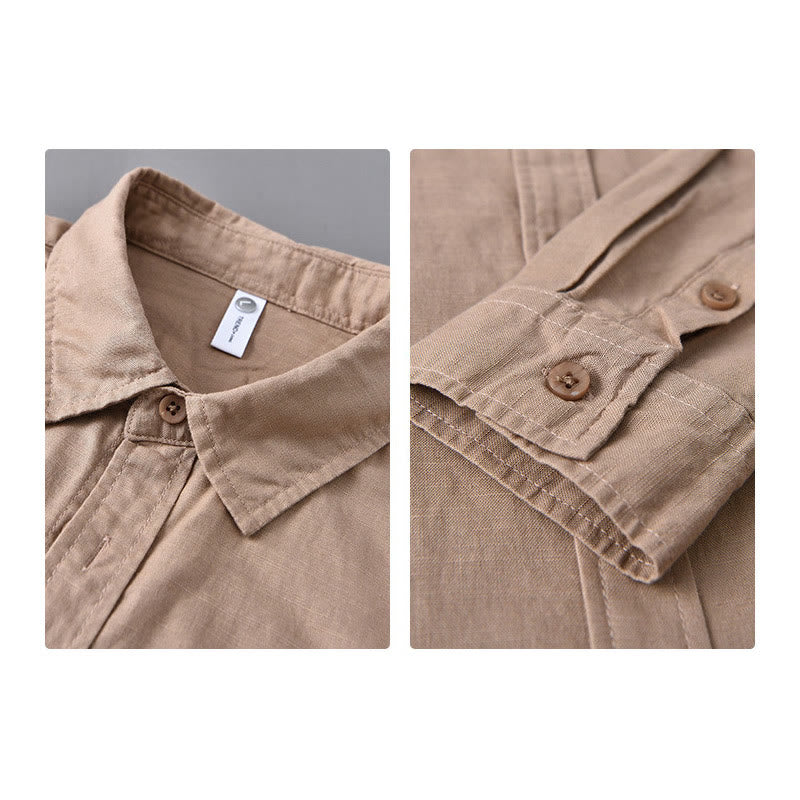 Buddha Stones Men's Long Sleeve Turn-down Collar With Pocket Pure Color Comfortable Cotton Shirt - image 24
