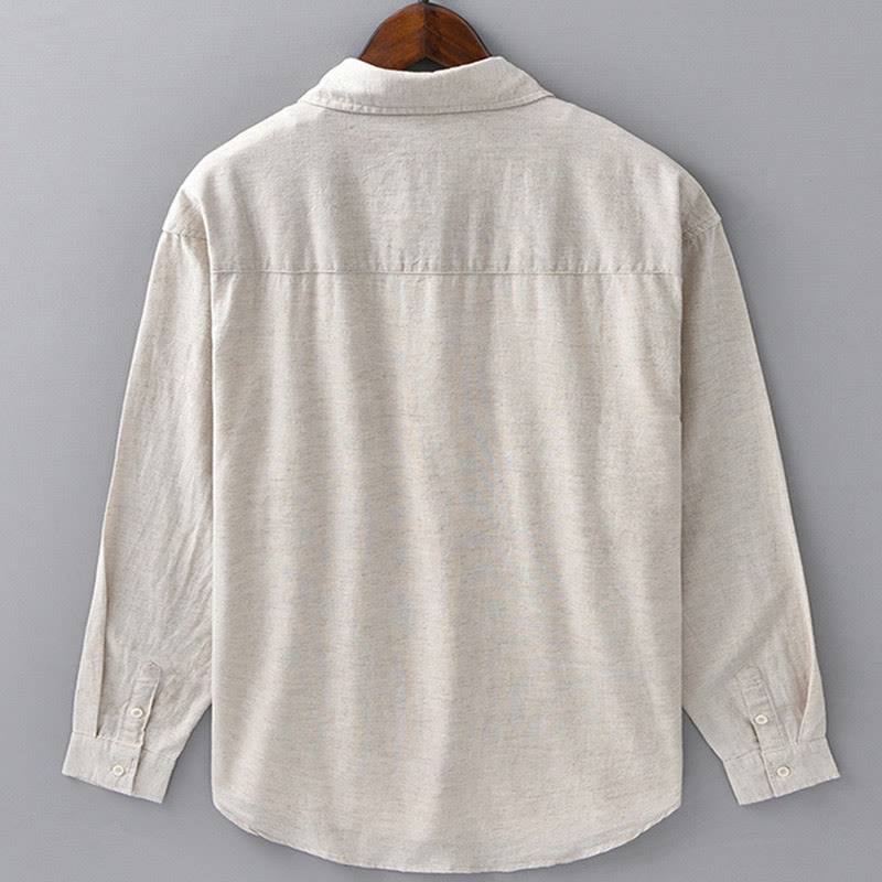 Buddha Stones Men's Long Sleeve Turn-down Collar With Pocket Pure Color Comfortable Cotton Shirt - image 3