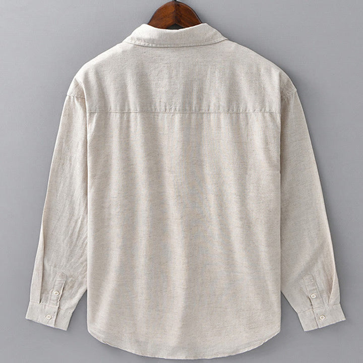Buddha Stones Men's Long Sleeve Turn-down Collar With Pocket Pure Color Comfortable Cotton Shirt - image 3
