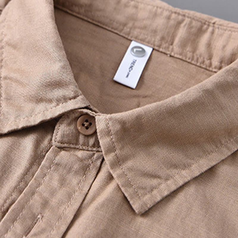 Buddha Stones Men's Long Sleeve Turn-down Collar With Pocket Pure Color Comfortable Cotton Shirt - image 22