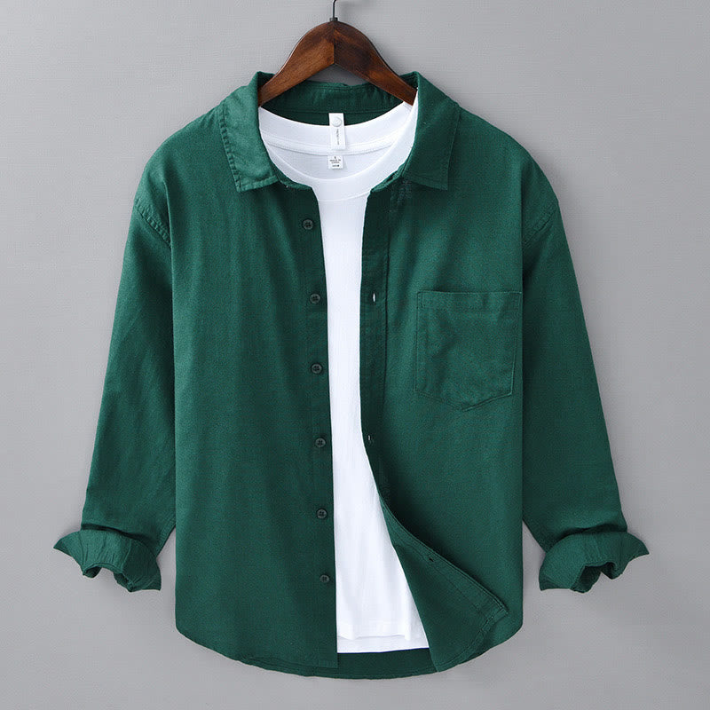 Buddha Stones Men's Long Sleeve Turn-down Collar With Pocket Pure Color Comfortable Cotton Shirt - DarkGreen - US/UK/AU42，EU52 (3XL) - image 25
