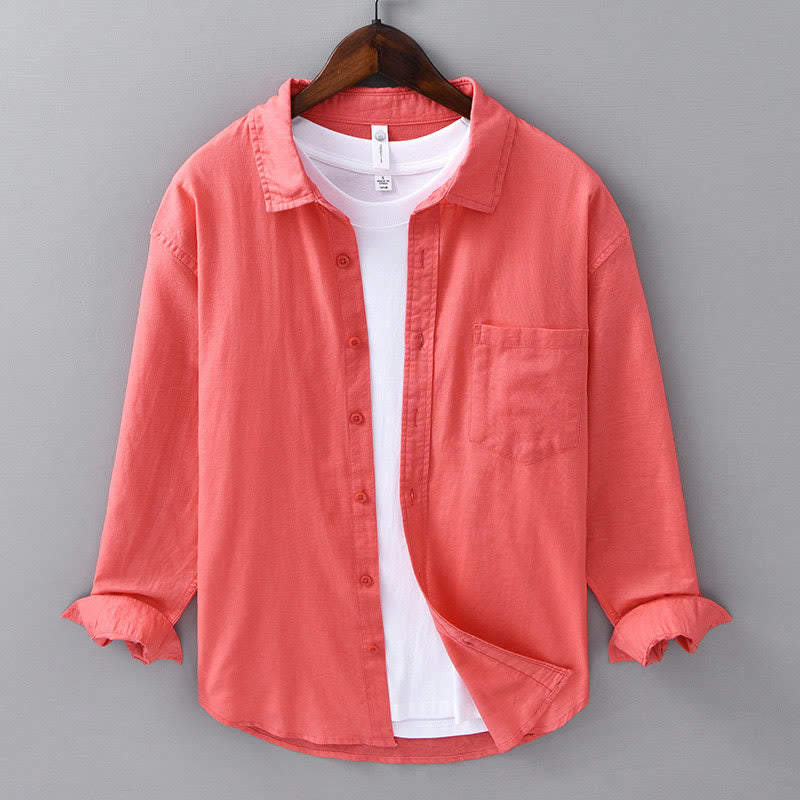 Buddha Stones Men's Long Sleeve Turn-down Collar With Pocket Pure Color Comfortable Cotton Shirt - Tomato - US/UK/AU42，EU52 (3XL) - image 33