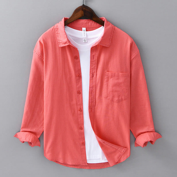 Buddha Stones Men's Long Sleeve Turn-down Collar With Pocket Pure Color Comfortable Cotton Shirt - Tomato - US/UK/AU42，EU52 (3XL) - image 33