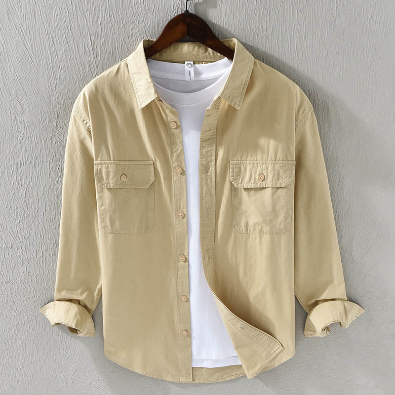 Buddha Stones Men's Long Sleeve Turn-down Collar With Pocket Pure Color Casual Cotton Shirt - PaleGoldenrod - US/UK/AU46，EU56 (5XL) - image 1