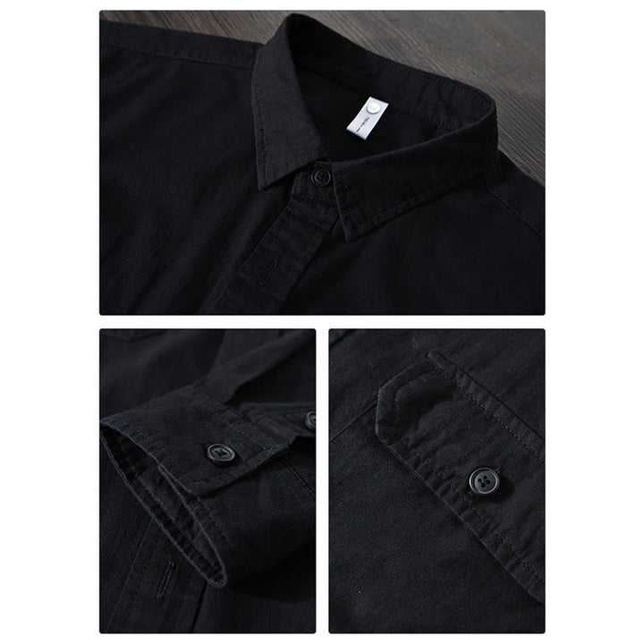 Buddha Stones Men's Long Sleeve Turn-down Collar With Pocket Pure Color Casual Cotton Shirt - image 16