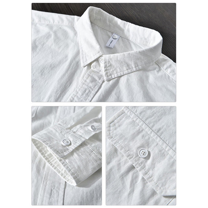 Buddha Stones Men's Long Sleeve Turn-down Collar With Pocket Pure Color Casual Cotton Shirt - image 13