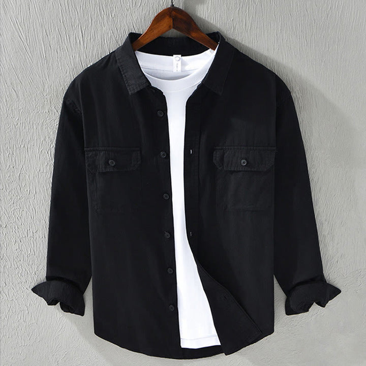 Buddha Stones Men's Long Sleeve Turn-down Collar With Pocket Pure Color Casual Cotton Shirt - Black - US/UK/AU46，EU56 (5XL) - image 16