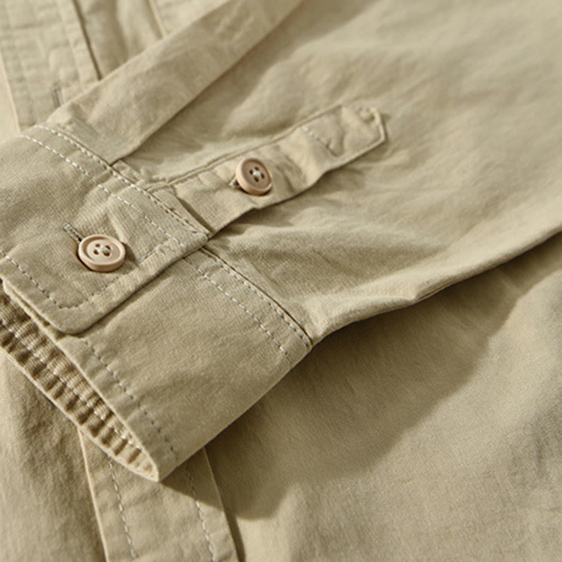 Buddha Stones Men's Long Sleeve Turn-down Collar With Pocket Pure Color Casual Cotton Shirt - image 6