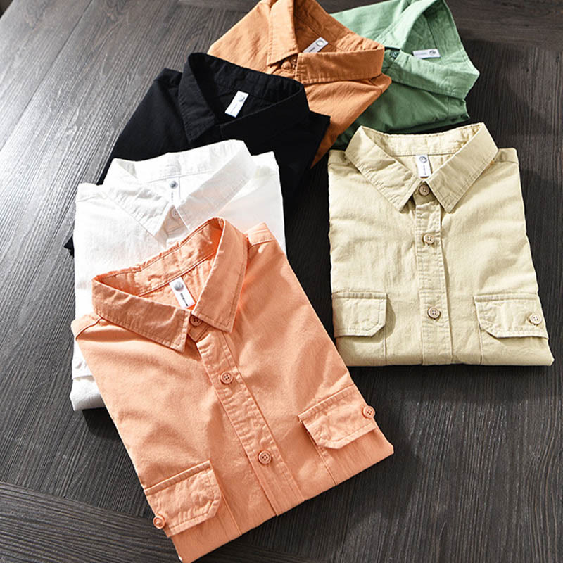 Buddha Stones Men's Long Sleeve Turn-down Collar With Pocket Pure Color Casual Cotton Shirt - image 2