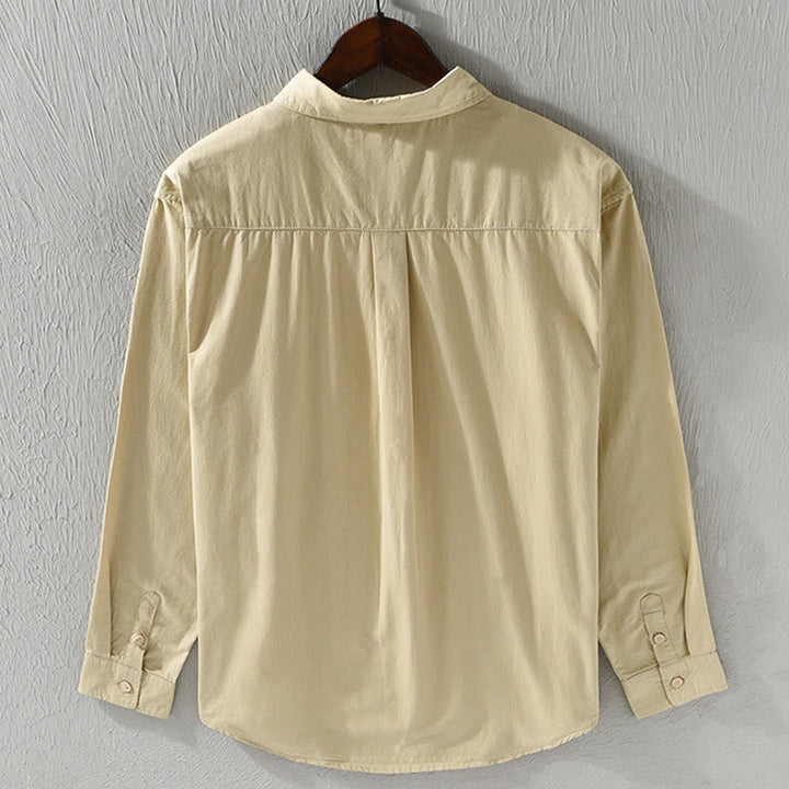 Buddha Stones Men's Long Sleeve Turn-down Collar With Pocket Pure Color Casual Cotton Shirt - image 2