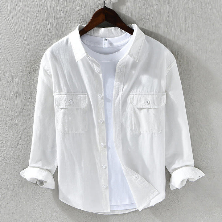 Buddha Stones Men's Long Sleeve Turn-down Collar With Pocket Pure Color Casual Cotton Shirt - White - US/UK/AU46，EU56 (5XL) - image 12