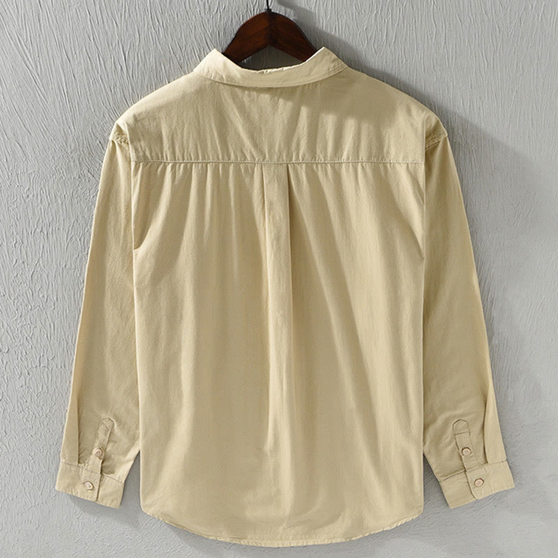 Buddha Stones Men's Long Sleeve Turn-down Collar With Pocket Pure Color Casual Cotton Shirt - image 3