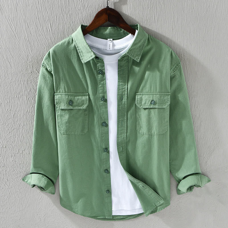 Buddha Stones Men's Long Sleeve Turn-down Collar With Pocket Pure Color Casual Cotton Shirt - MediumSeaGreen - US/UK/AU46，EU56 (5XL) - image 10