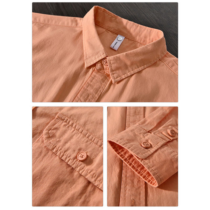 Buddha Stones Men's Long Sleeve Turn-down Collar With Pocket Pure Color Casual Cotton Shirt - image 19