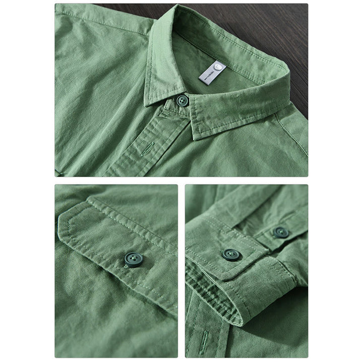 Buddha Stones Men's Long Sleeve Turn-down Collar With Pocket Pure Color Casual Cotton Shirt - image 11