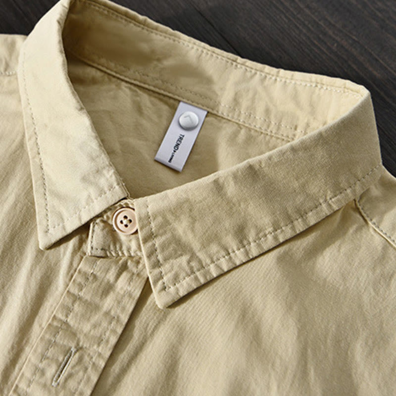 Buddha Stones Men's Long Sleeve Turn-down Collar With Pocket Pure Color Casual Cotton Shirt - image 4